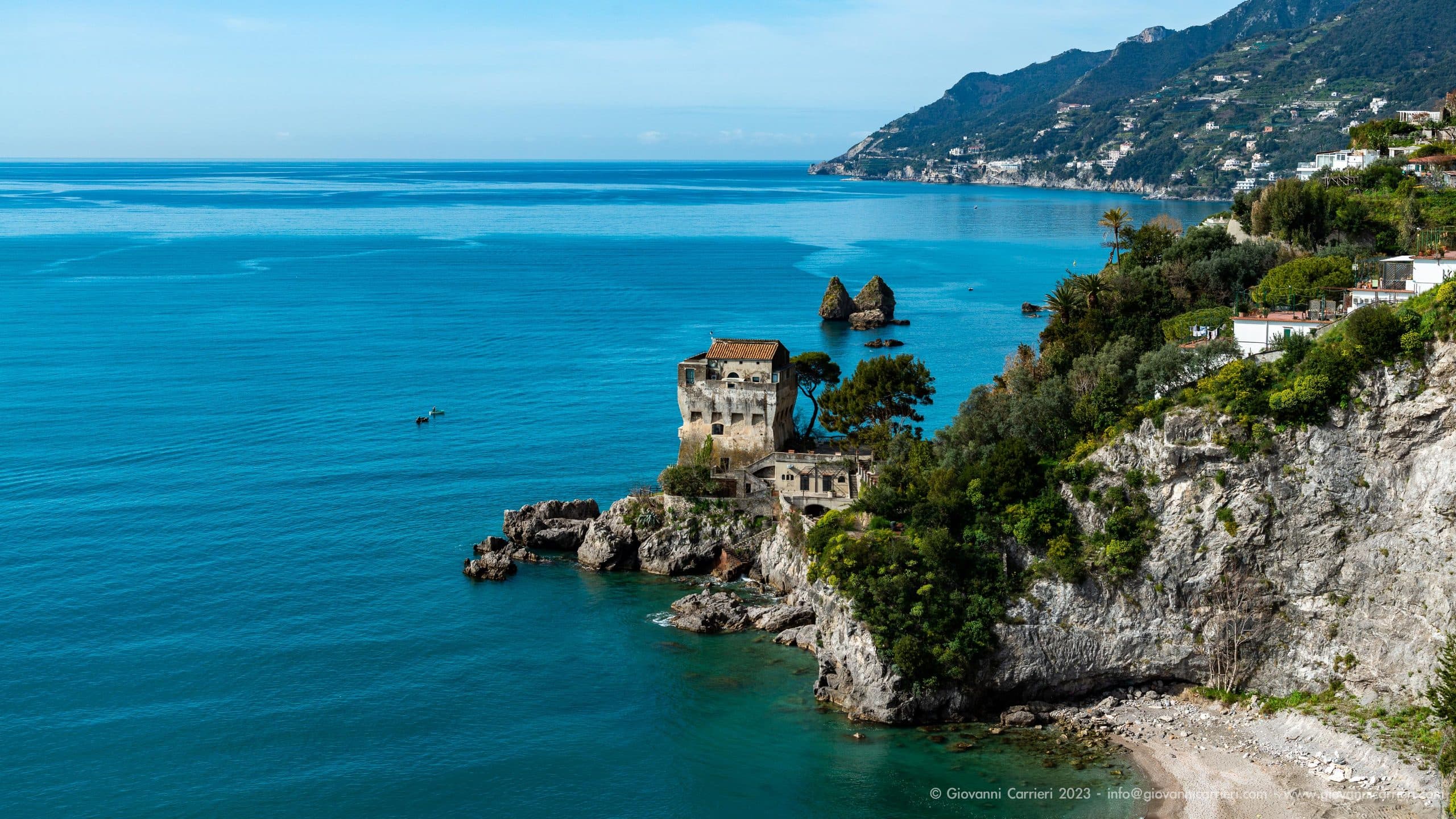 Torre Crestarella on the rocks at Vietri sul Mare, looking down the Amalfi Coast